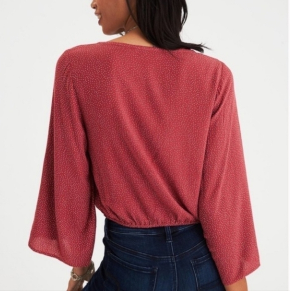 American Eagle boho soft rust color polka-dot button down & tie cropped top XL - Picture 3 of 13